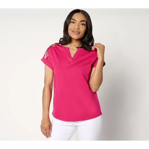 Denim & Co. Cotton Slub Jersey Embroidered Dolman Top Beetroot 1X A650894 - Picture 1 of 1